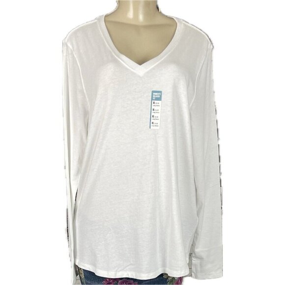 Carhartt XL Solid White V-Neck Cotton Blend Relaxed Logo Patch Long Sleeve Tee - Picture 2 of 6